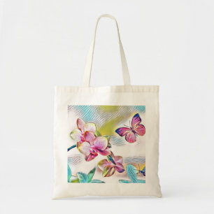 Pink orchids flowers and butterflies tote bag