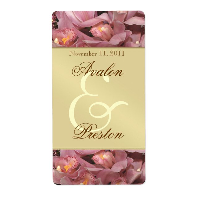 Pink Orchids Gold Wine Wedding Label (Front)