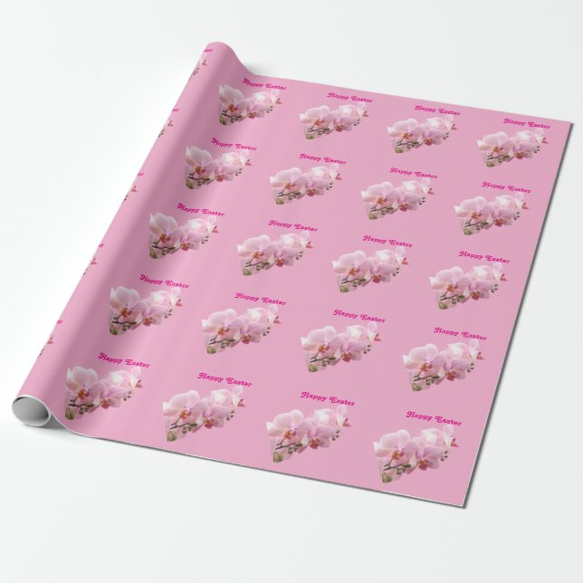 Pink Orchids “Happy Easter”  Wrapping Paper (Unrolled)