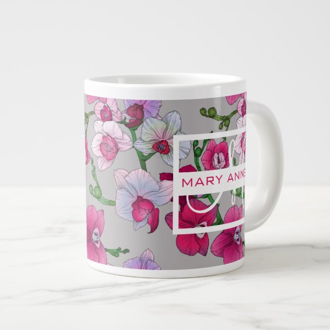 Pink Orchids In Bloom | Add Your Name Large Coffee Mug (Front Right)