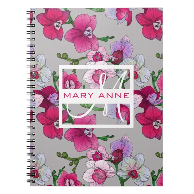 Pink Orchids In Bloom | Add Your Name Notebook (Front)
