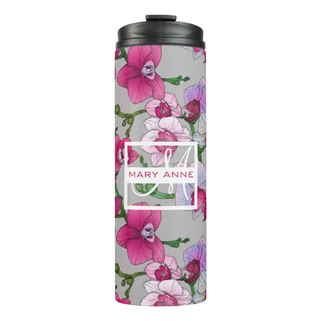 Pink Orchids In Bloom | Add Your Name Thermal Tumbler (Front)