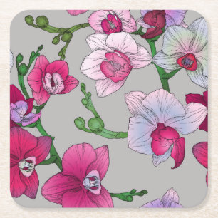 Pink Orchids In Bloom Square Paper Coaster