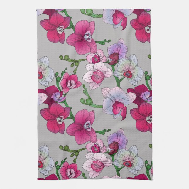 Pink Orchids In Bloom Tea Towel (Vertical)