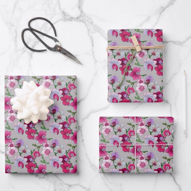 Pink Orchids In Bloom Wrapping Paper Sheet (Front)