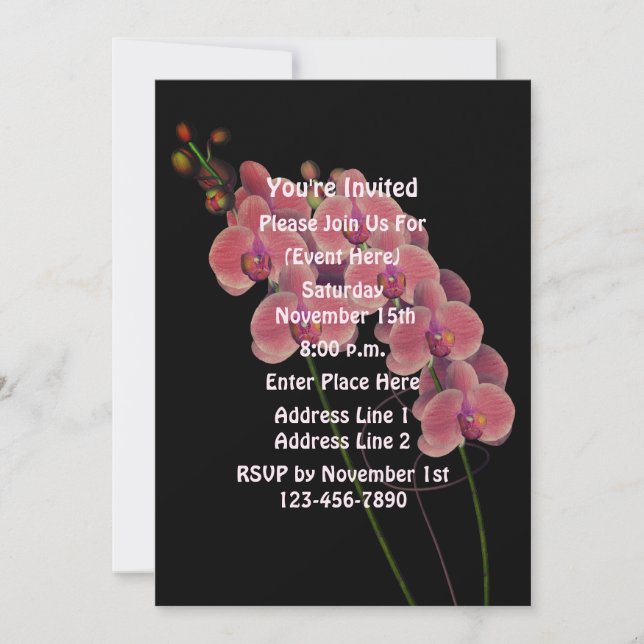 Pink Orchids On Black Floral Party Invitation (Front)
