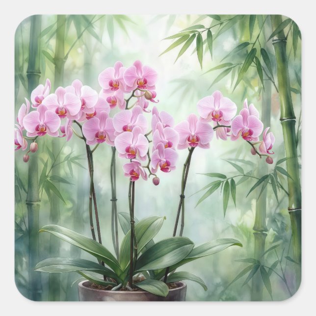 Pink Orchids On Green Bamboo Background Square Sticker (Front)