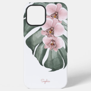 Pink Orchids on Monstera Tropical Floral with Name iPhone 12 Pro Max Case