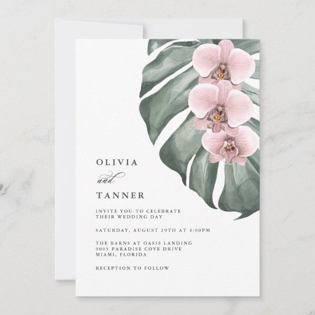 Pink Orchids on Monstera Tropical Paradise Wedding Invitation (Front)