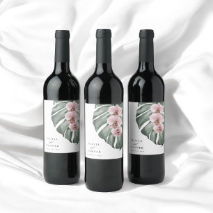 Pink Orchids on Monstera Tropical Paradise Wedding Wine Label