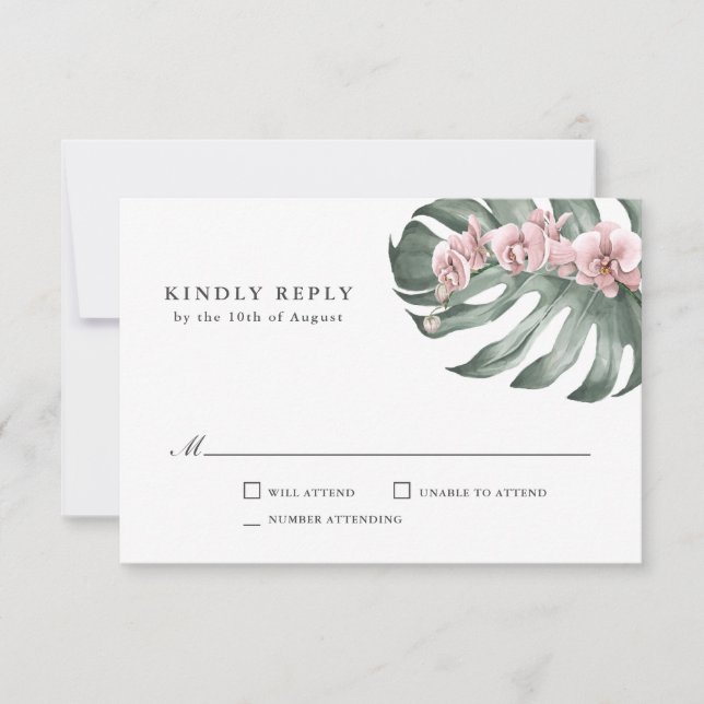 Pink Orchids on Monstera Tropical Wedding RSVP (Front)