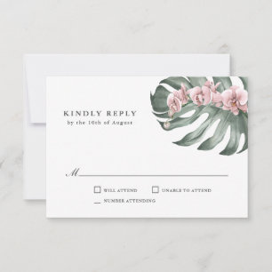 Pink Orchids on Monstera Tropical Wedding RSVP Card