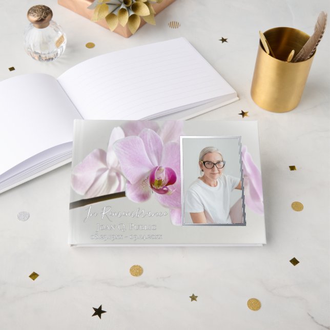 Pink Orchids on Stem Funeral Service Memorial Guest Book (Front Open)