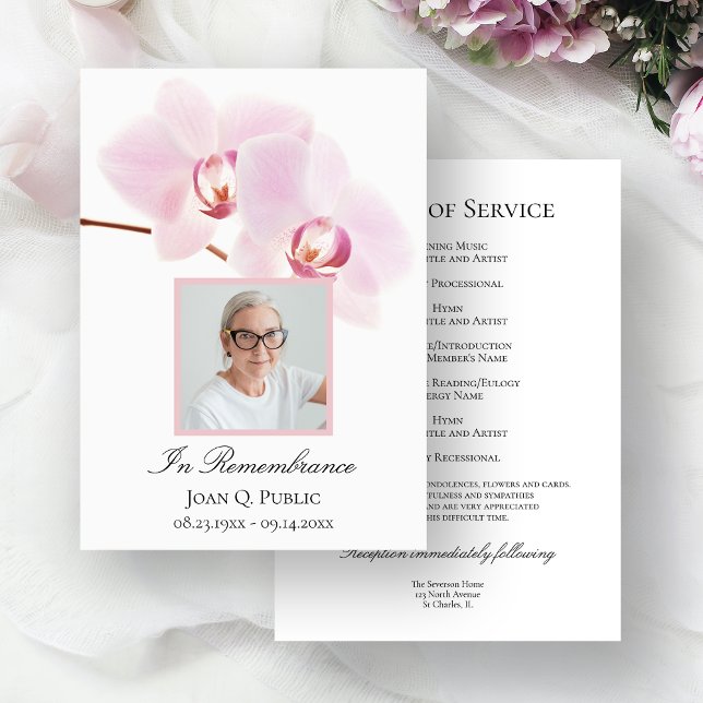 Pink Orchids on White Funeral Memorial Service Program (Creator Uploaded)