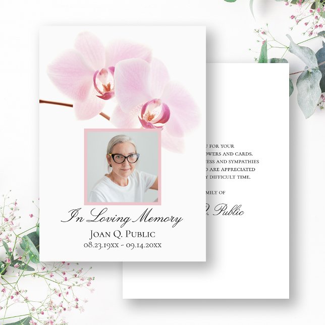 Pink Orchids on White Funeral Memorial Sympathy Thank You Card (Creator Uploaded)