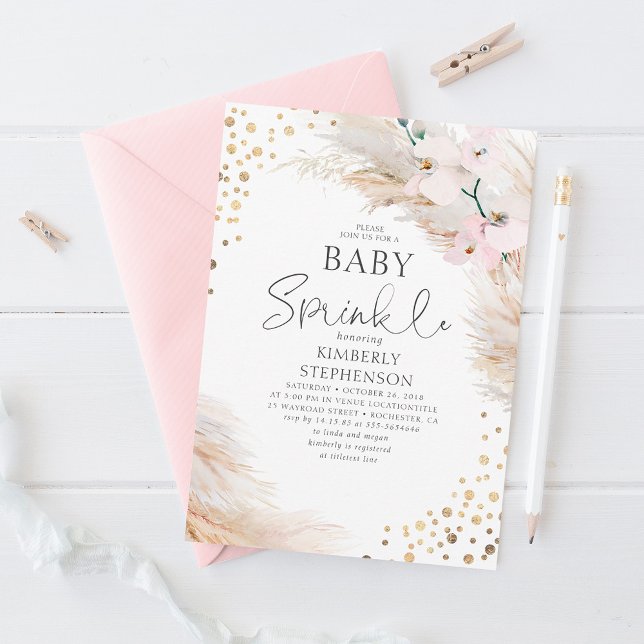Pink Orchids Pampas Grass Baby Shower Sprinkle Invitation (Creator Uploaded)