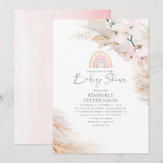 Pink Orchids Pampas Grass Rainbow Baby Shower Invitation (Front/Back)