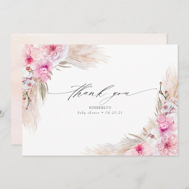 Pink Orchids Pampas Grass Shower Thank You (Front/Back)