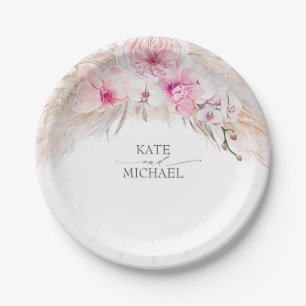 Pink Orchids Pampas Grass Tropical Exotic Paper Plate