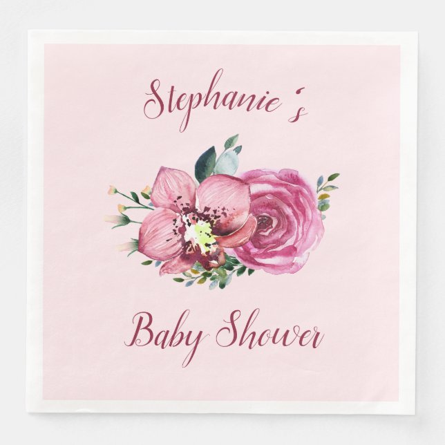 Pink Orchids & Roses Baby Shower Napkin (Front)