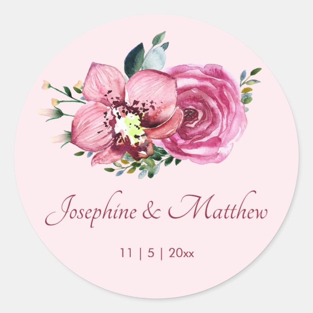 Pink Orchids & Roses Flowers Wedding Classic Round Sticker (Front)