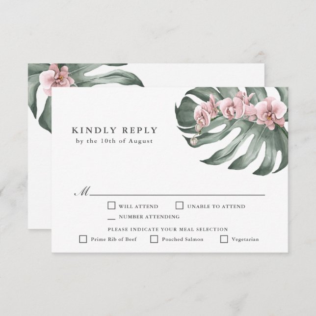 Pink Orchids Tropical Wedding RSVP with Entrees (Front/Back)