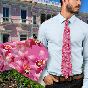 Pink Orchids Wedding Grooms Neck Tie