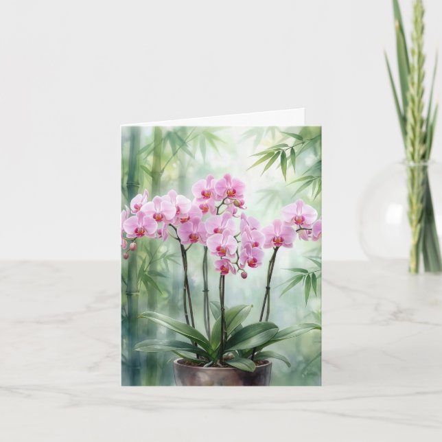 Pink Orchids With Bamboo Trees Holiday Card (Front)