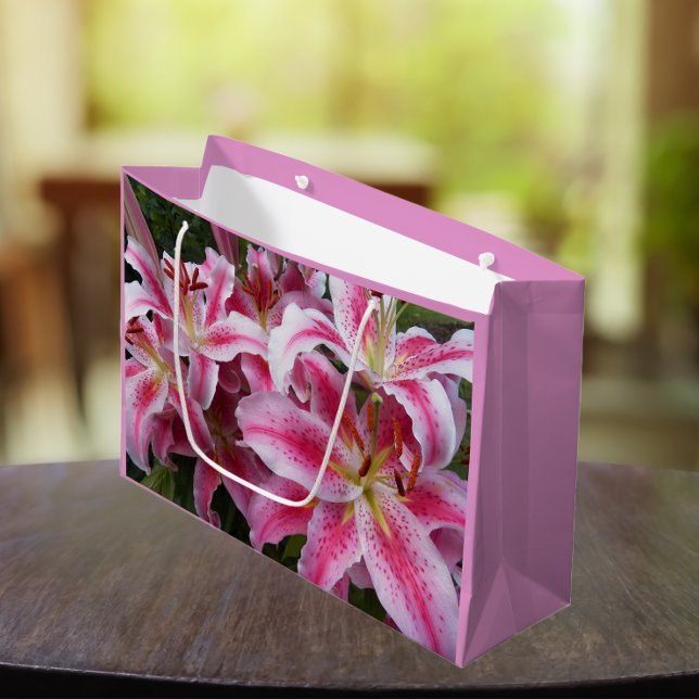 Pink Oriental Lilies Floral Large Gift Bag (In Situ)