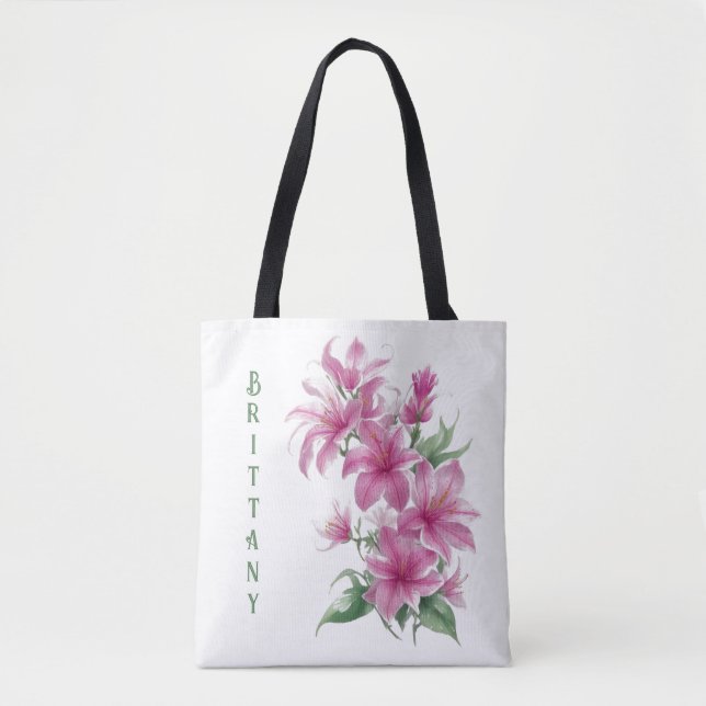 Pink Oriental Lily Flowers Personalised Tote Bag (Front)
