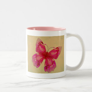 Pink Oriental vintage butterfly art Two-Tone Coffee Mug