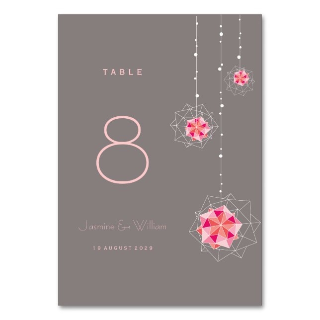 Pink Origami Hanging Ornament Lights Asian Wedding Table Number (Front)