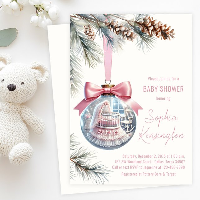 Pink Ornament Baby Shower Invitation (Tree ornament baby shower invitation with glass ornament with baby girl pink nursery scene inside.)