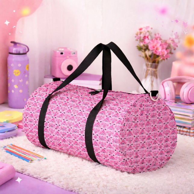 Pink Ornamental Damask Pattern Duffle Bag (Creator Uploaded)