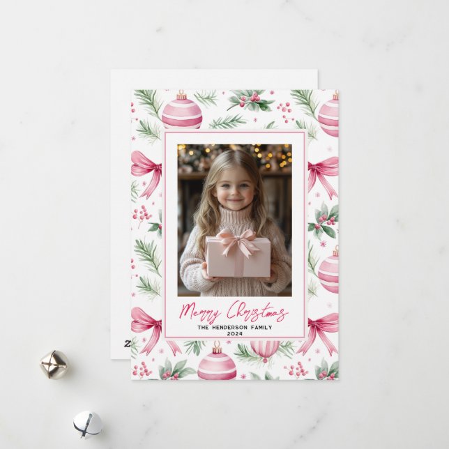 Pink Ornaments & Bows Custom Christmas Photo Name Holiday Card (Front/Back In Situ)