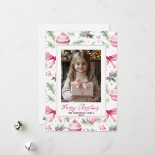 Pink Ornaments & Bows Custom Christmas Photo Name Holiday Card