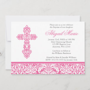 Pink Ornate Cross Damask Girl Baptism Christening Invitation