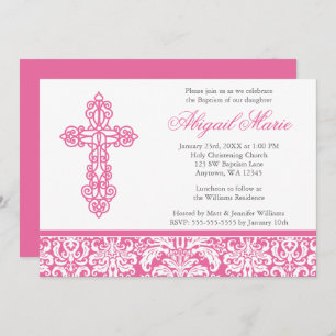 Pink Ornate Cross Damask Girl Baptism Christening Invitation