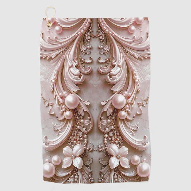 Pink Ornate Pearl and Floral Golf Towel (Front)