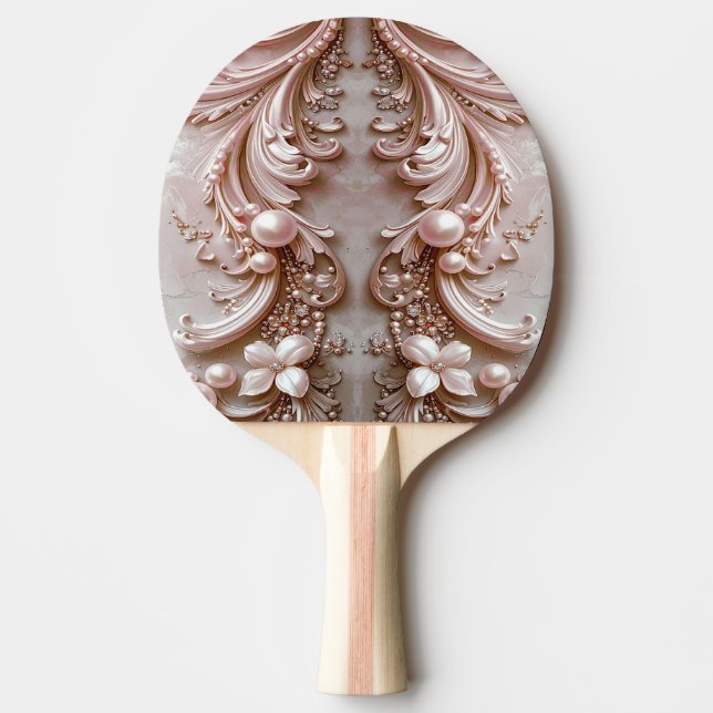 Pink Ornate Pearl and Floral Ping Pong Paddle (Front)