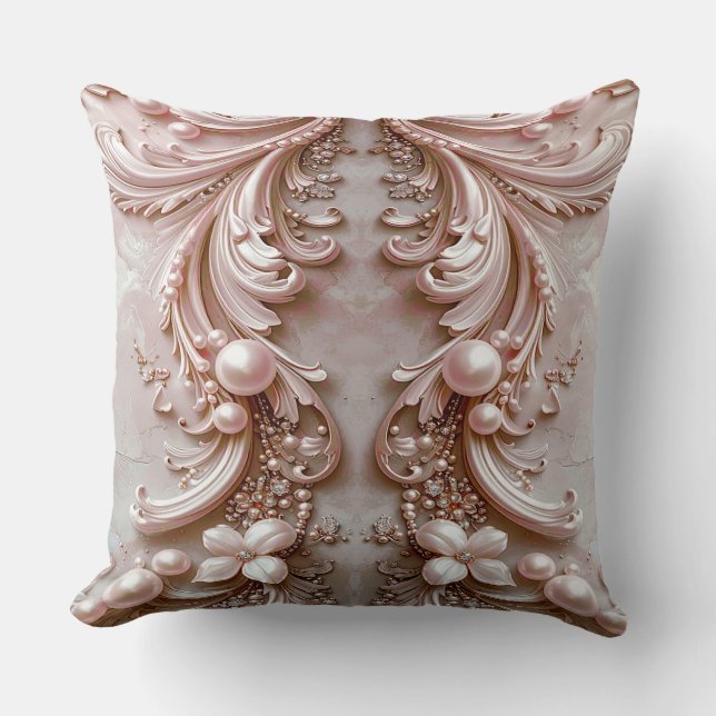 Pink Ornate Pearl and Floral Throw Pillow (Front)