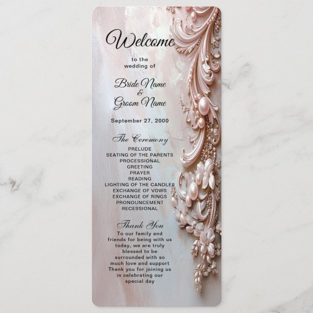Pink Ornate Pearl and Floral Wedding Program (Front)