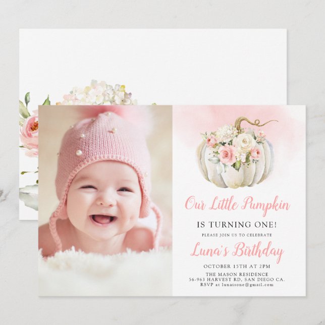 Pink Our little Pumpkin 1st Birthday Photo Invitation (Front/Back)