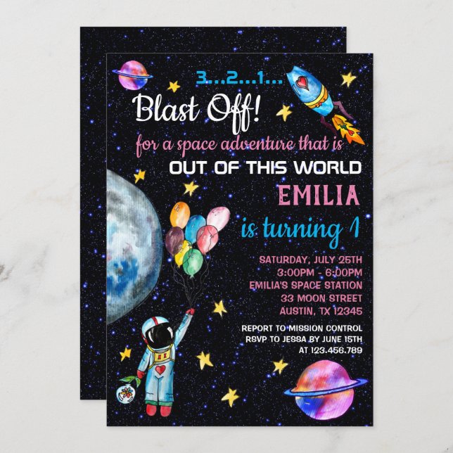 Pink Outer Space Astronaut Rainbow Balloons Rocket Invitation (Front/Back)