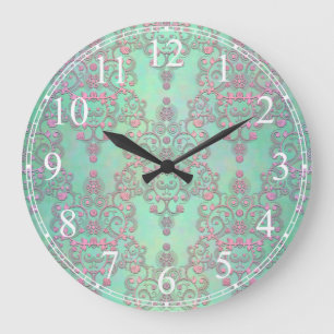 Pink over Mint Green Floral Lace Damask Large Clock