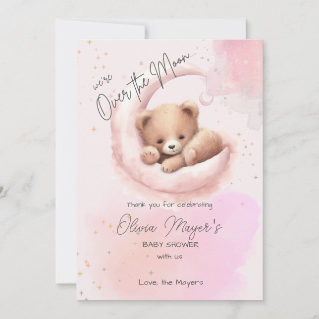 Pink Over the Moon Bear Baby Shower Thank You Card (Front)