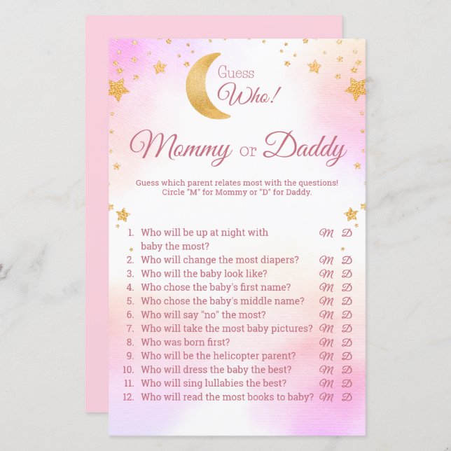 Pink Over the Moon Girl Baby Shower Guess Who Game (Front/Back)