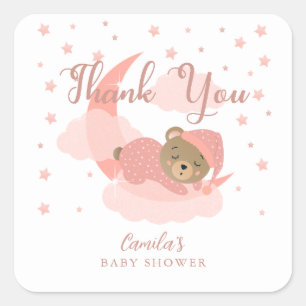 Pink Over The Moon Sleeping Bear Thank You Square Sticker