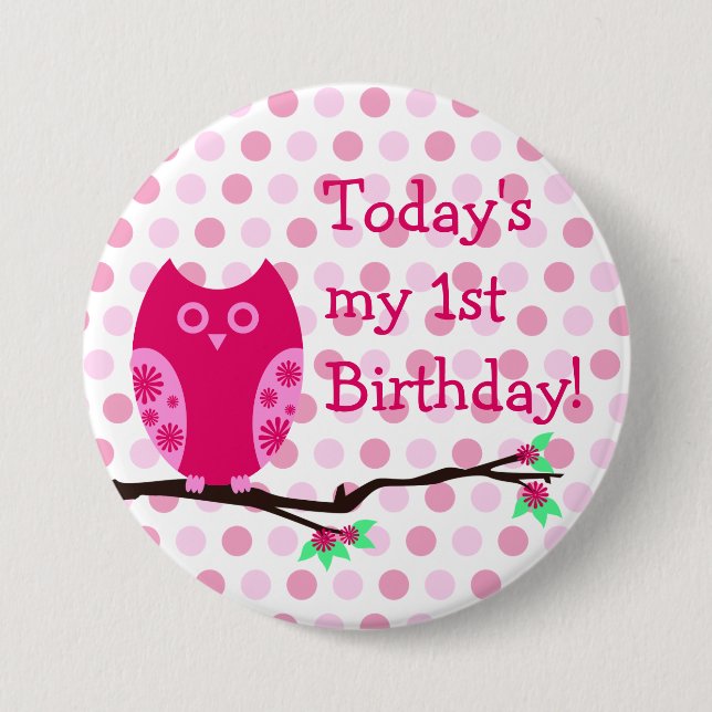 Pink Owl 1st Birthday Button (Front)
