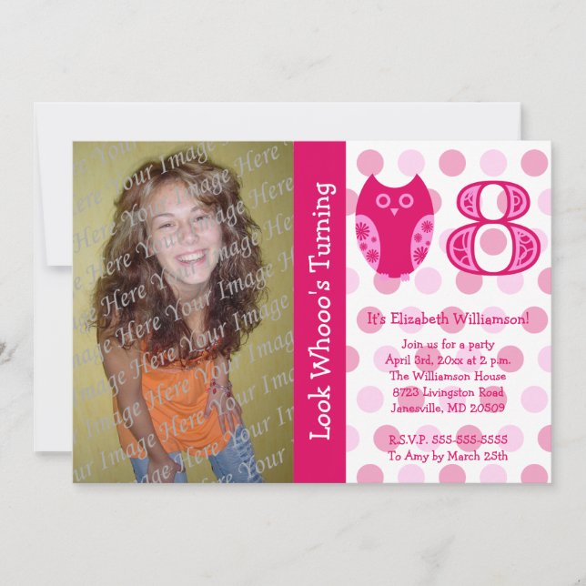 Pink Owl 8th Birthday Party Photo Invitations (Front)